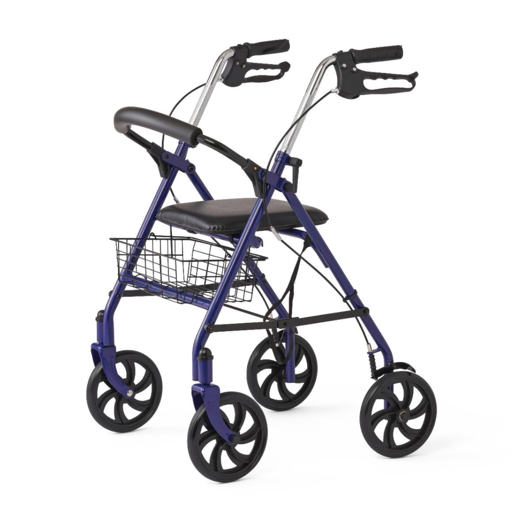 The Medline Steel Rollator features eight-inch wheels, a padded seat and backrest, two hand grips with brakes, and a metal basket under the seat, ideal for mobility assistance.